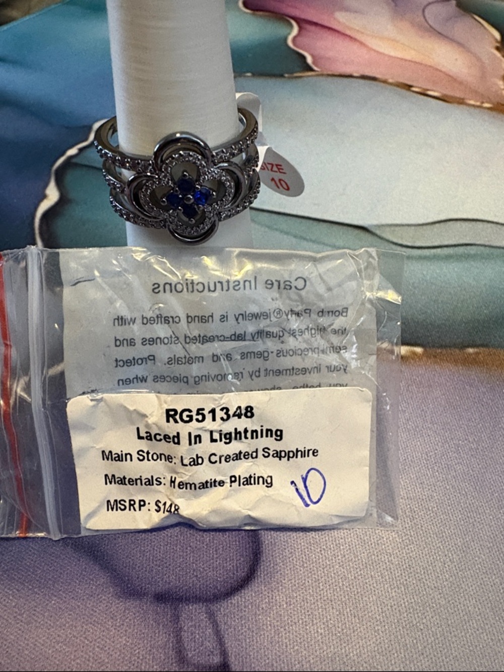 Laced In Lightning Blue Sapphire Floral Ring - Size 10 - Picture 3 of 5